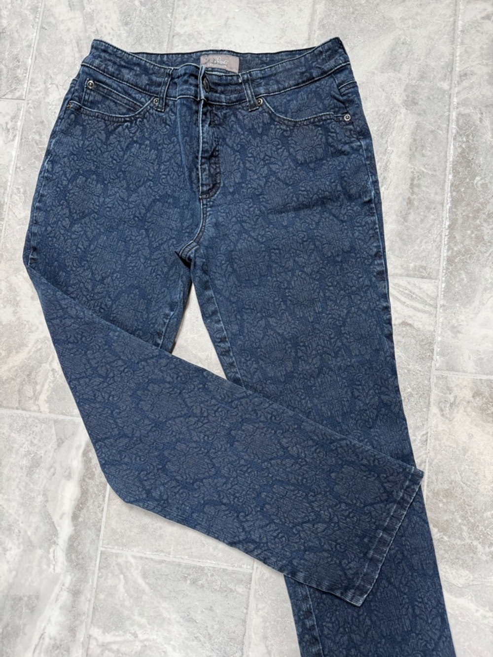 Chico's Women's Navy Blue Straight-Leg Jeans with Subtle Floral Print